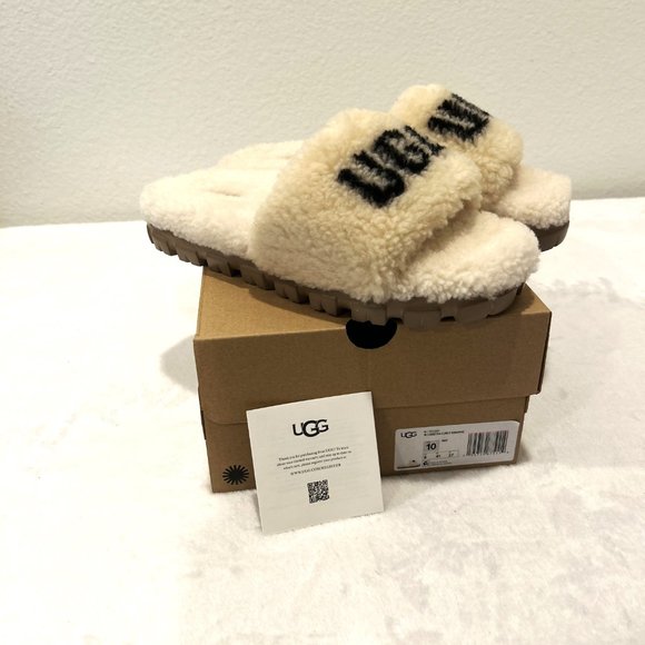 UGG Shoes - Womens Cozetta Curly Graphic Logo Lug-Sole Sldes Slippers Natural Size 10 New